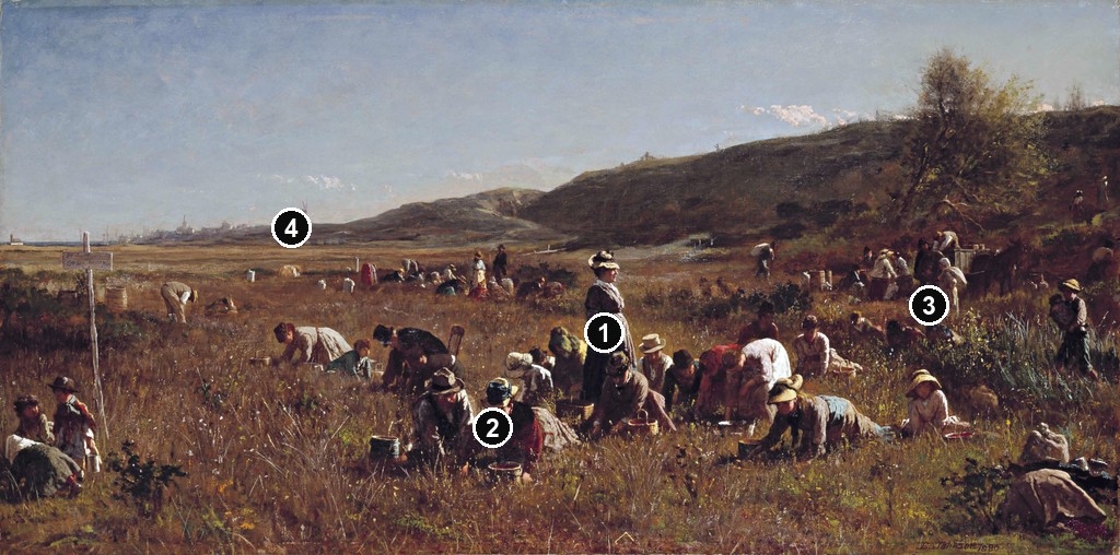 Annotated details from The Cranberry Harvest, Island of Nantucket by Eastman Johnson